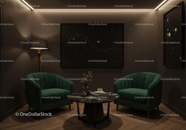 Cozy modern lounge with velvet chairs and starry art