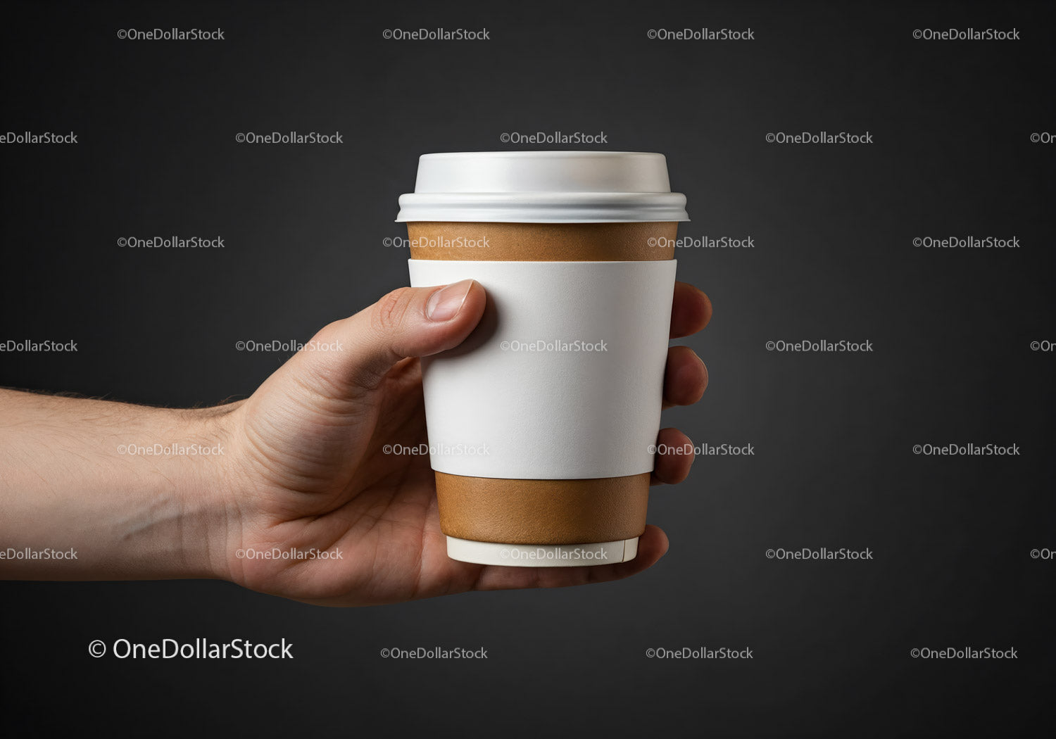 Hand Holding a Brown and White Coffee Cup on Dark Background