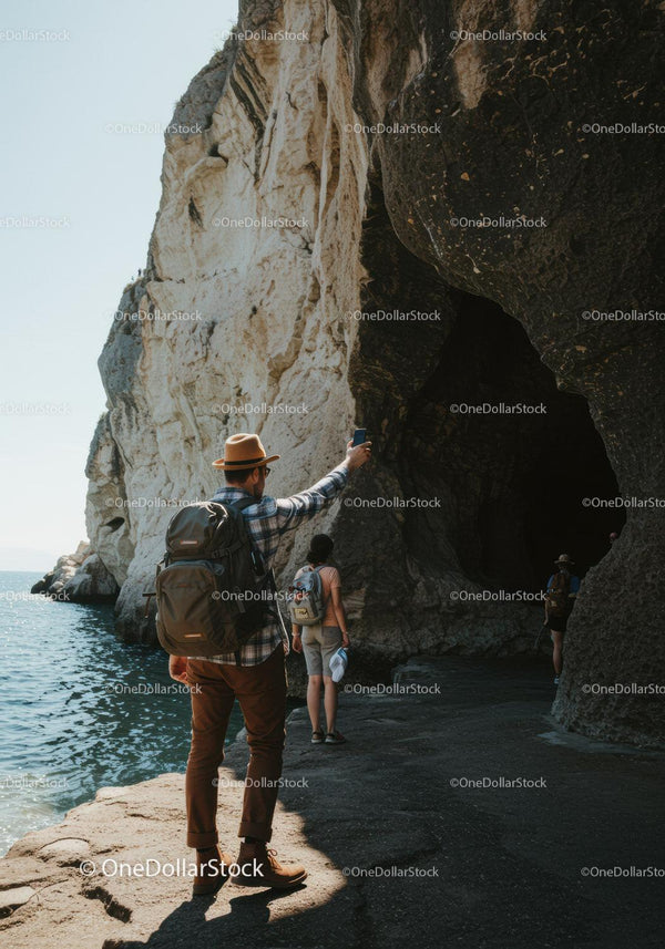 Group of Hikers Exploring Coastal Rocky Cliffs During Adventure Trip
