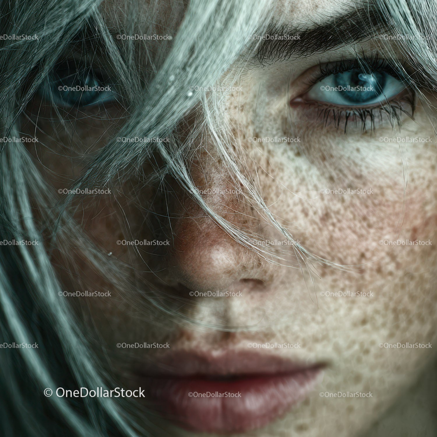 Close-up of a Young Woman with Freckles and Blue Eyes in Natural Light