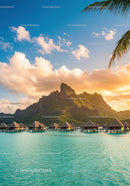 Tropical Mountain Overwater Bungalows at Sunset with Turquoise Water