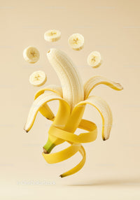 Peeled banana with floating slices and spiral peel
