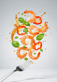 Fresh shrimp salad ingredients flying over fork