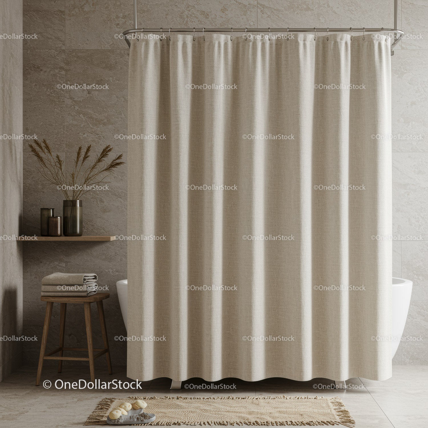 Beige Linen Shower Curtain for Modern Calm Bathroom Decor