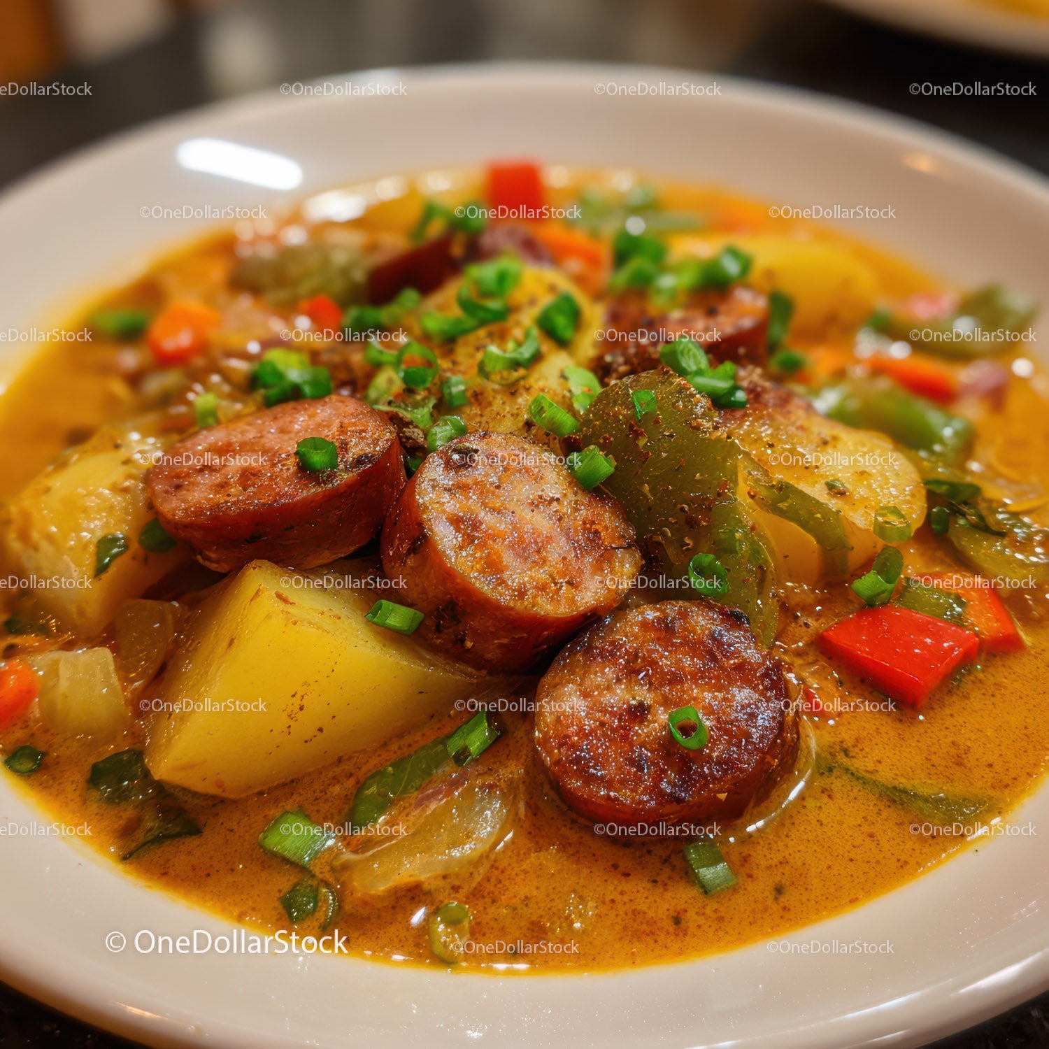 Hearty Sausage and Vegetable Stew with Potatoes and Green Onions