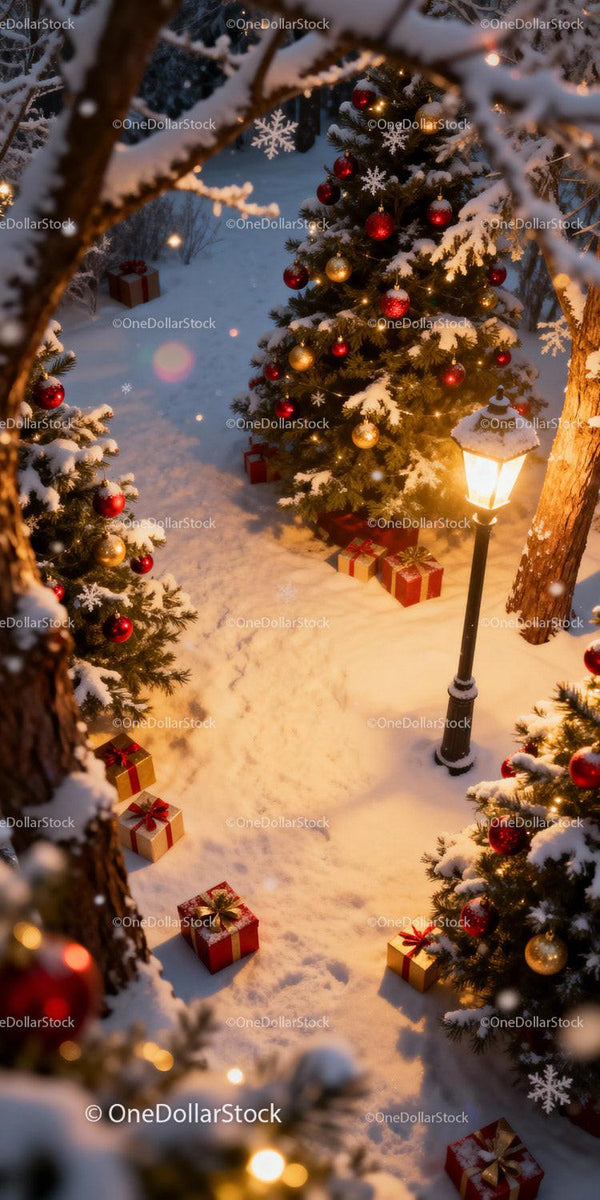 Snowy Christmas Trees with Gift Boxes and Warm Lamp Light