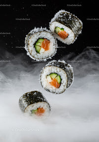 Fresh salmon sushi rolls with cucumber on smoky background