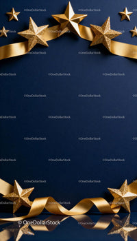 Golden Stars and Ribbon Decoration on Dark Blue Background