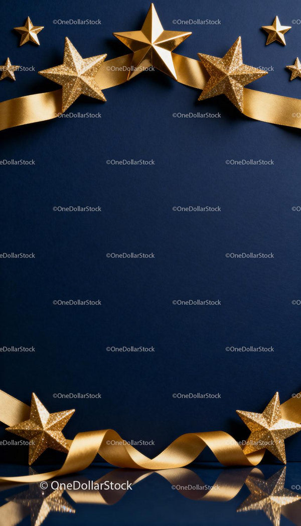 Golden Stars and Ribbon Decoration on Dark Blue Background