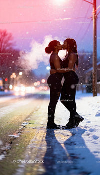Couple sharing a tender kiss on snowy winter evening