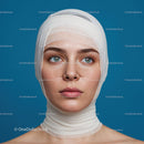 Young Woman with Bandaged Face and Nasal Splint in Medical Recovery Scene