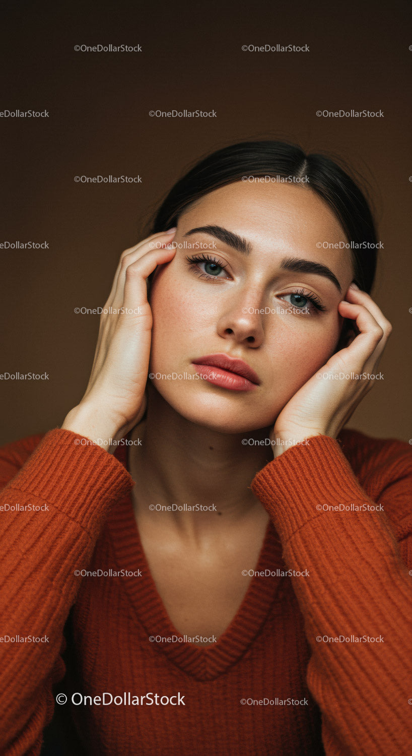 Elegant Woman Portrait with Blue Eyes in Cozy Red Sweater