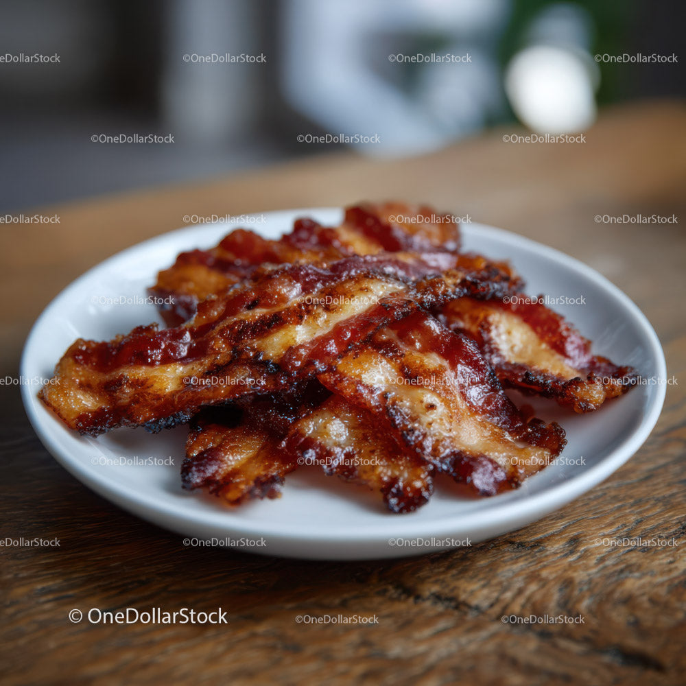Crispy Bacon Strips on a White Plate Suitable for Breakfast Menus