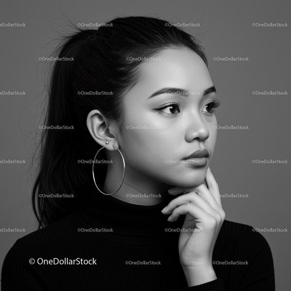 Elegant Black and White Portrait of a Young Woman with Hoop Earrings