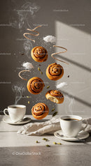 Floating Cinnamon Buns and Spices with Hot Coffee Cups