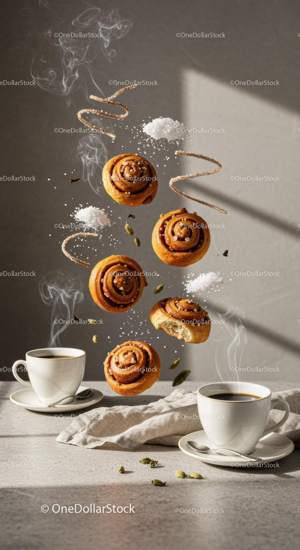 Floating Cinnamon Buns and Spices with Hot Coffee Cups