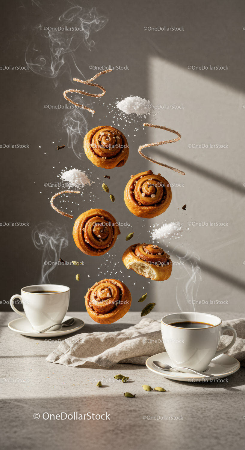 Floating Cinnamon Buns and Spices with Hot Coffee Cups