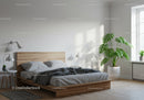 Modern Bedroom with Wooden Bed Frame and Green Plants