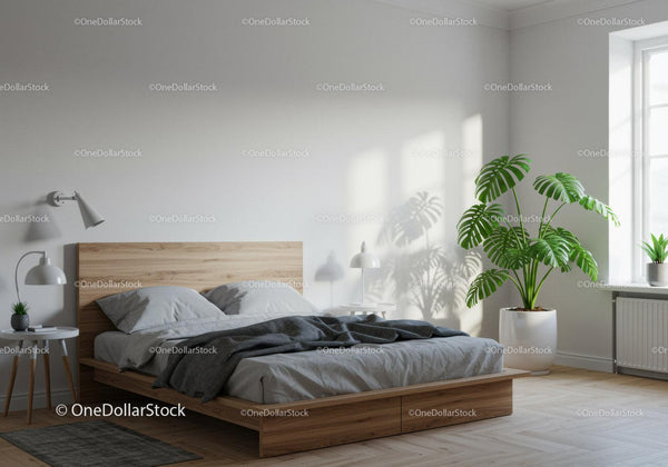 Modern Bedroom with Wooden Bed Frame and Green Plants