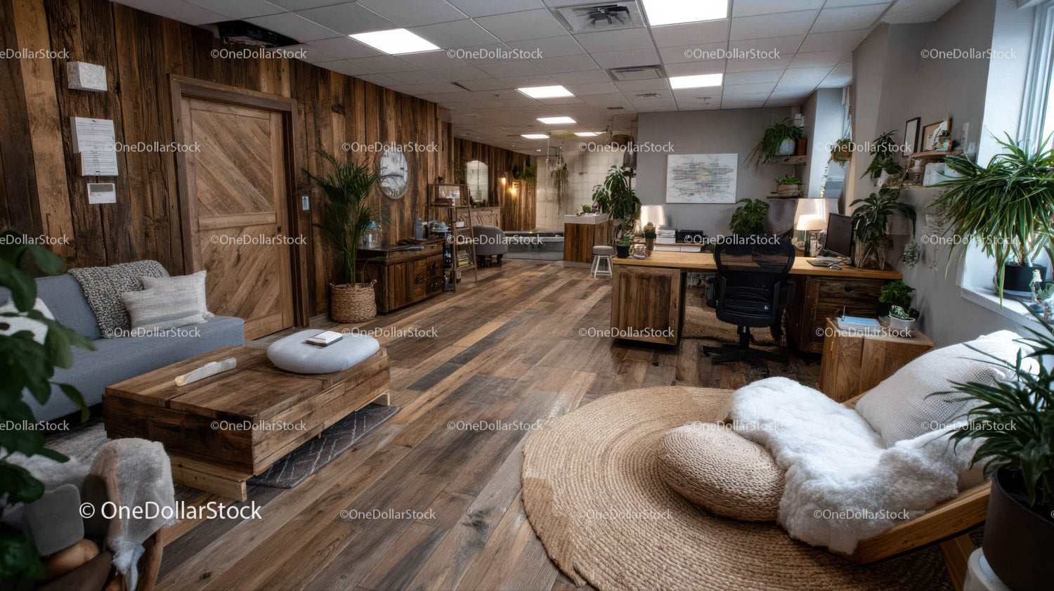 Modern Cozy Office with Wooden Furniture and Indoor Plants