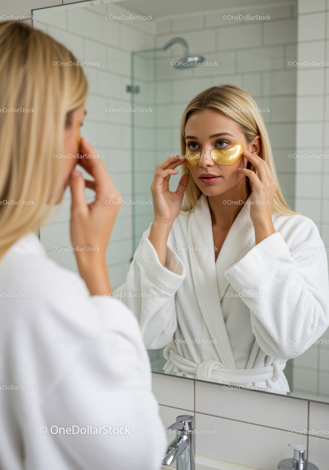 Young Woman Applying Under-Eye Patches in Bathroom Mirror