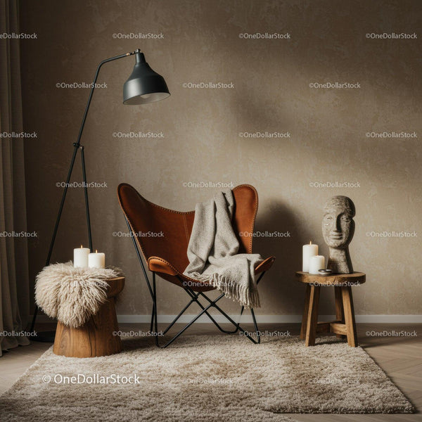 Cozy modern corner with leather chair and soft blanket