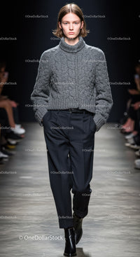 Fashion Model Walking Down Runway in Gray Turtleneck and Tailored Trousers