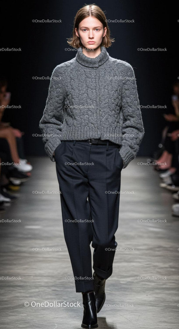 Fashion Model Walking Down Runway in Gray Turtleneck and Tailored Trousers
