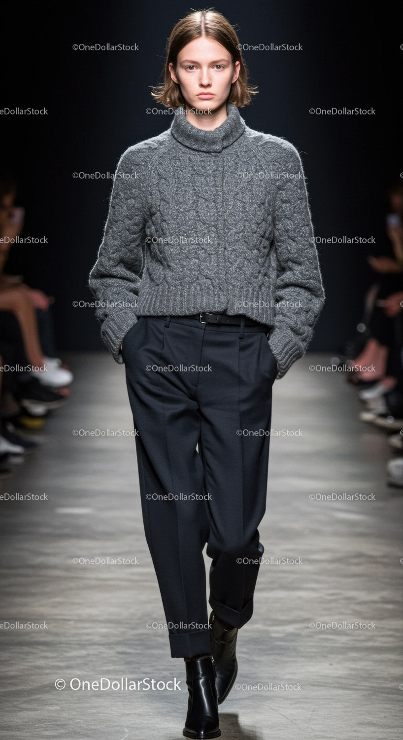 Fashion Model Walking Down Runway in Gray Turtleneck and Tailored Trousers