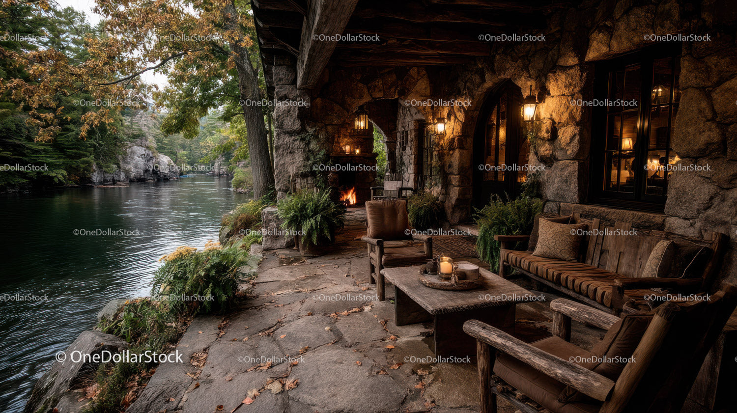Rustic Riverside Cabin with Stone Fireplace Surrounded by Autumn Foliage