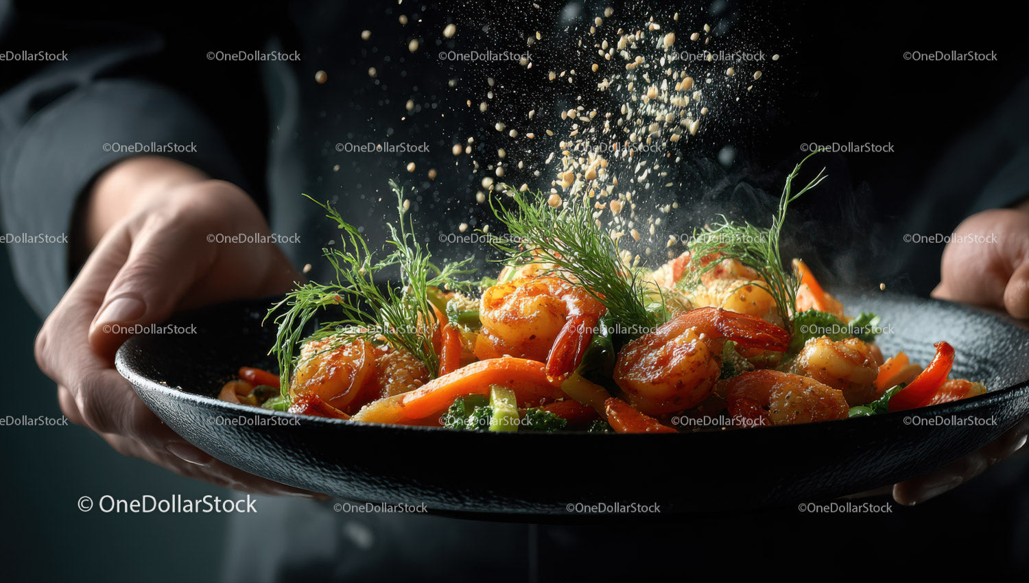 Stir-Fried Shrimp with Mixed Vegetables Garnished with Fresh Herbs