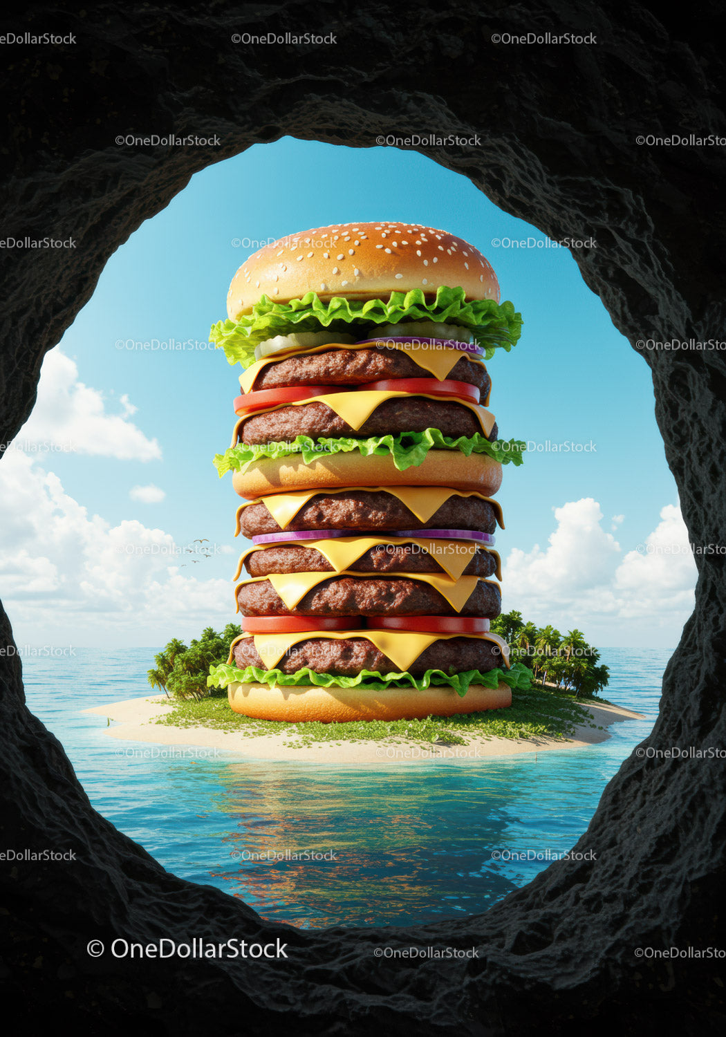 Gigantic cheeseburger island framed by cave opening