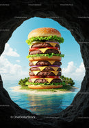 Gigantic cheeseburger island framed by cave opening