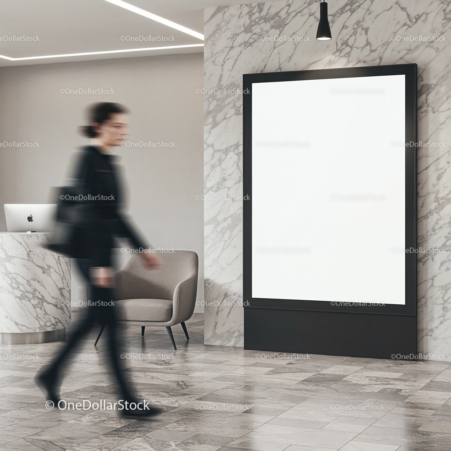 Modern office lobby with blank billboard and moving person