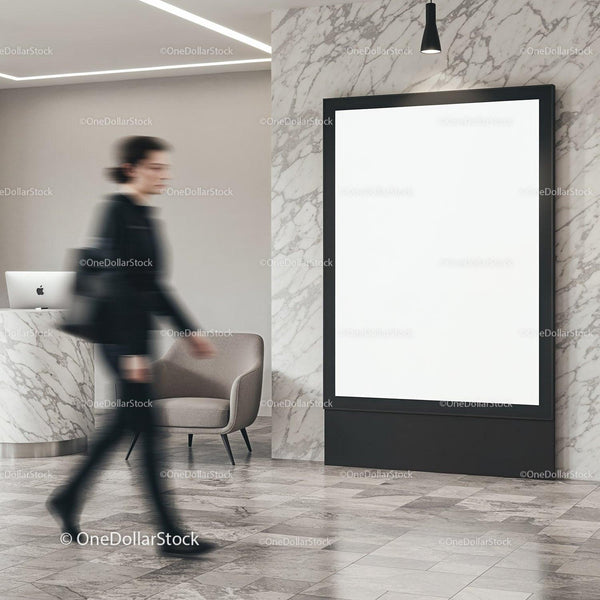 Modern office lobby with blank billboard and moving person JPG Mockup Image