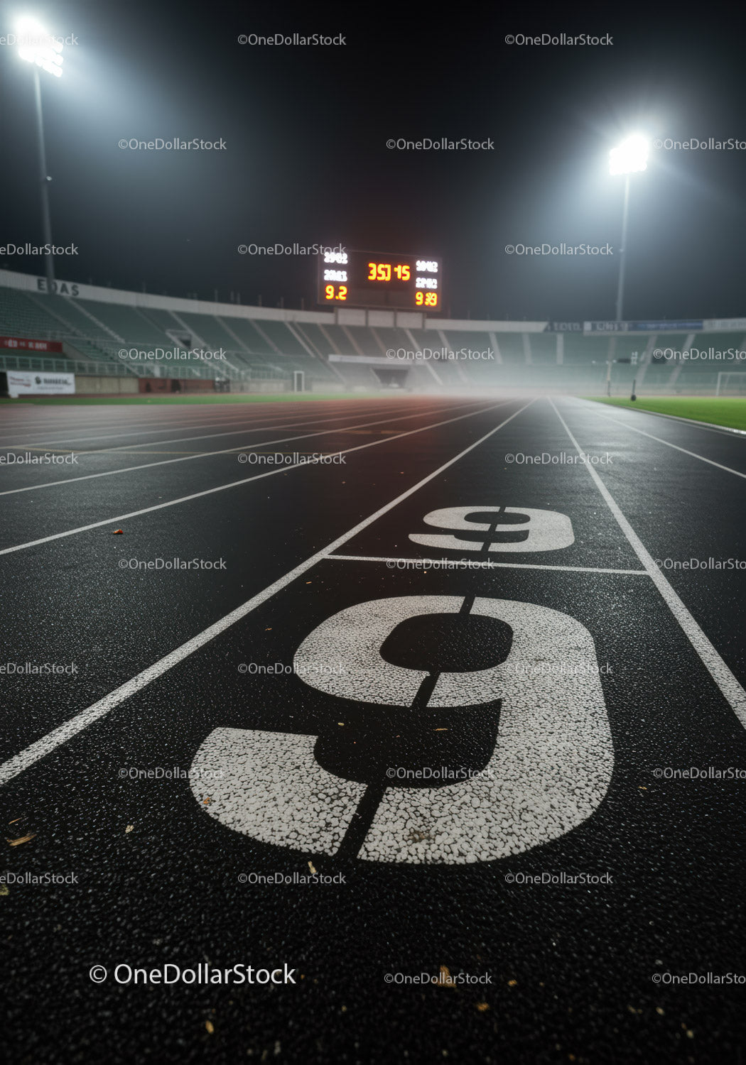 Empty stadium running track lane nine at night