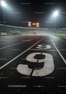 Empty stadium running track lane nine at night