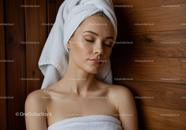 Zrelaksowana kobieta w spa w ręczniku z spokojną i kojącą atmosferą