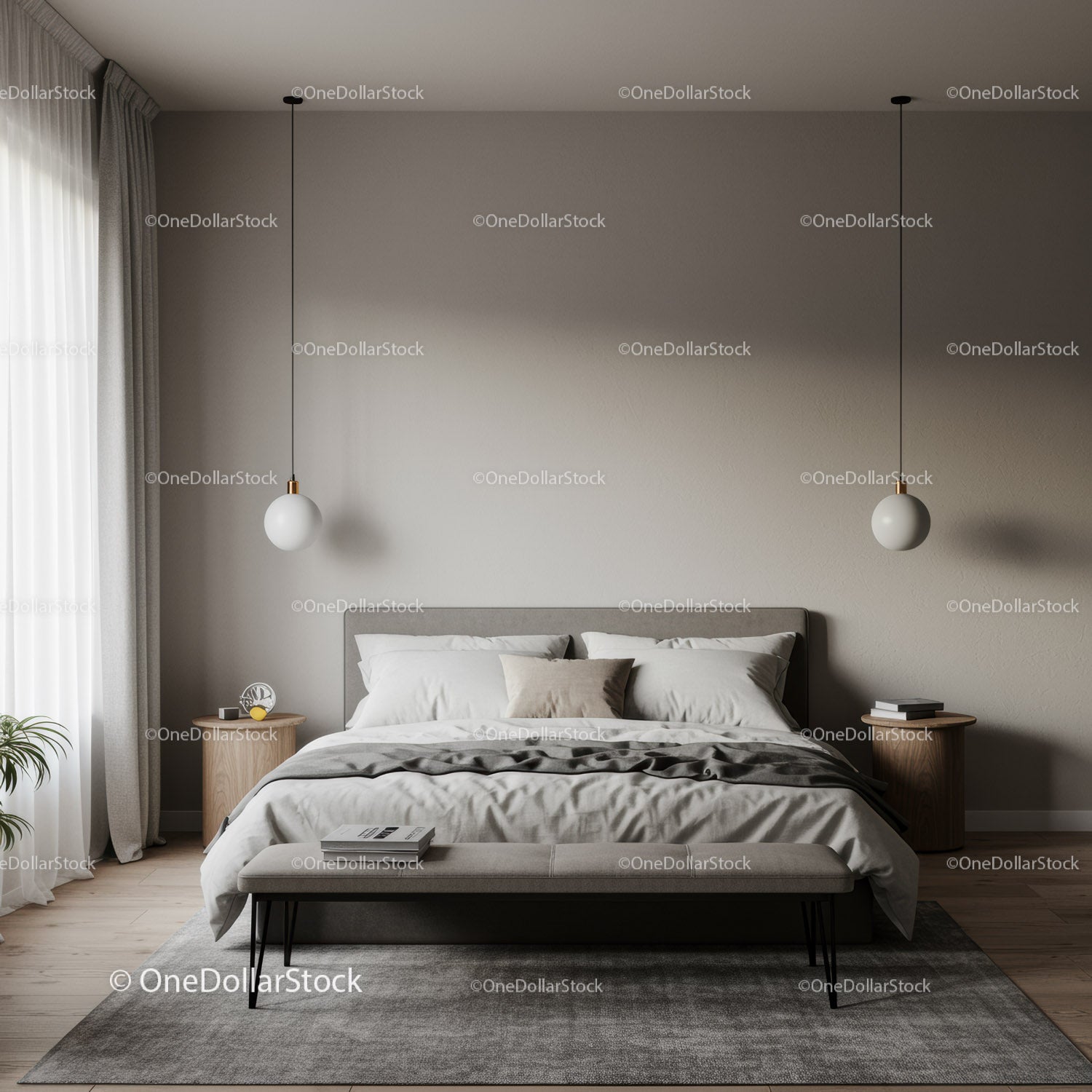 Stylish Modern Bedroom with Pendant Lights and Neutral Decor