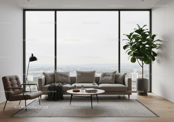 Modern Living Room with Large Window and Indoor Ficus Tree