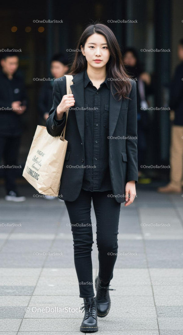 Stylish Young Woman in Black Blazer and Leather Boots Walking in City