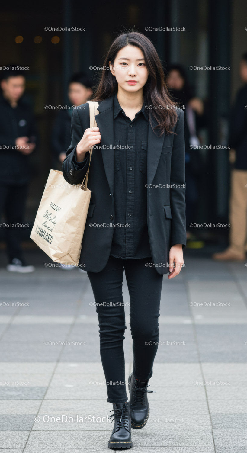 Stylish Young Woman in Black Blazer and Leather Boots Walking in City