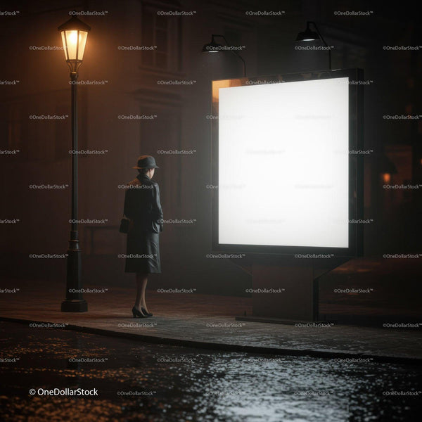 Woman in Trench Coat Standing by Illuminated Billboard at Night JPG Mockup Image