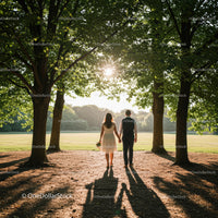 Romantic Couple Walking Hand in Hand in Scenic Park at Sunset