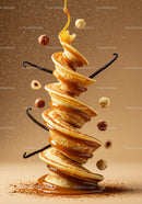 Spiral Pancakes Drizzled with Caramel and Floating Hazelnuts