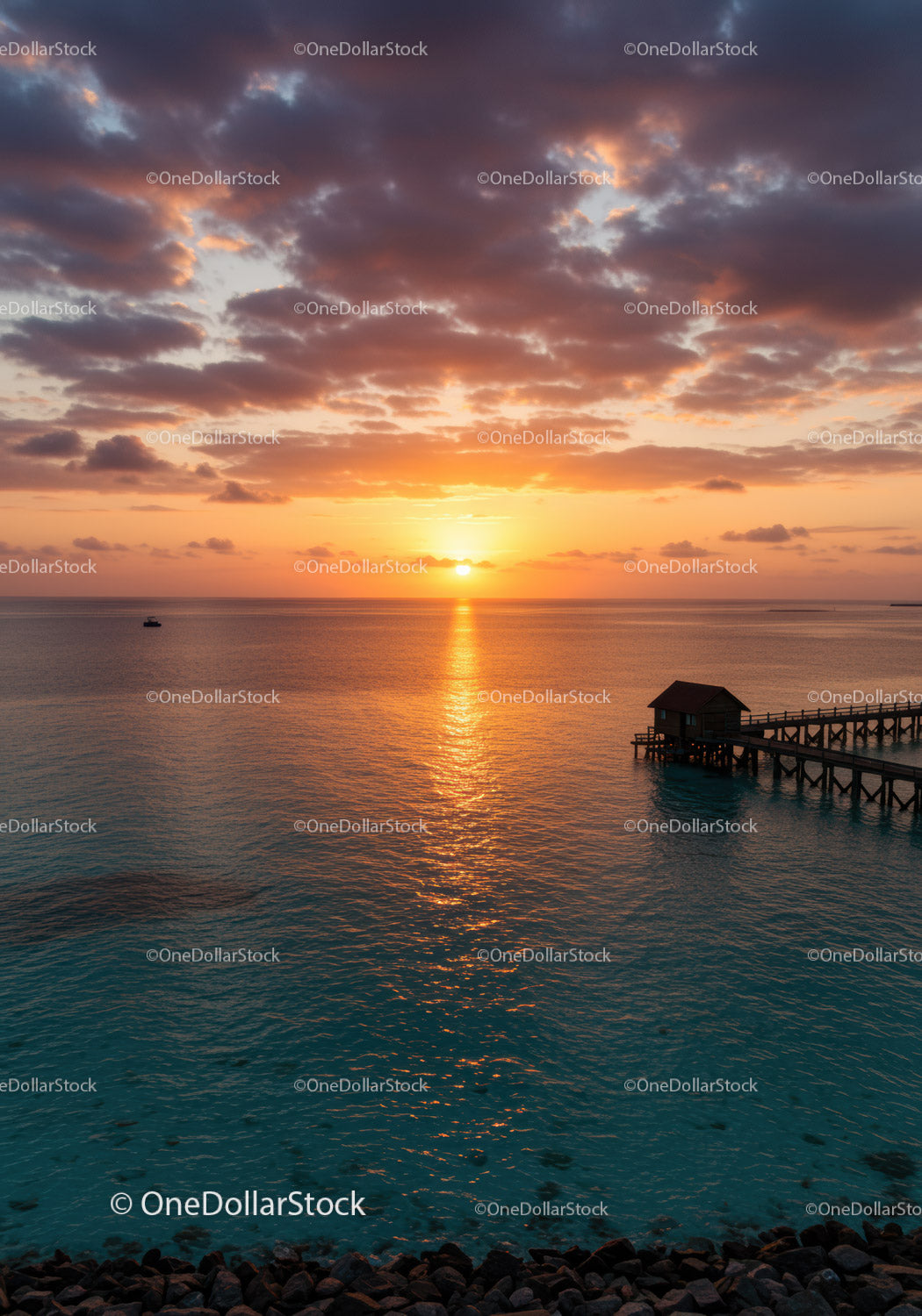 Beautiful Sunset Over Calm Ocean with Pier and Cloudy Sky