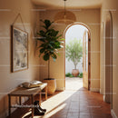 Sunny Minimalist Entrance Hall with Green Plants and Bench