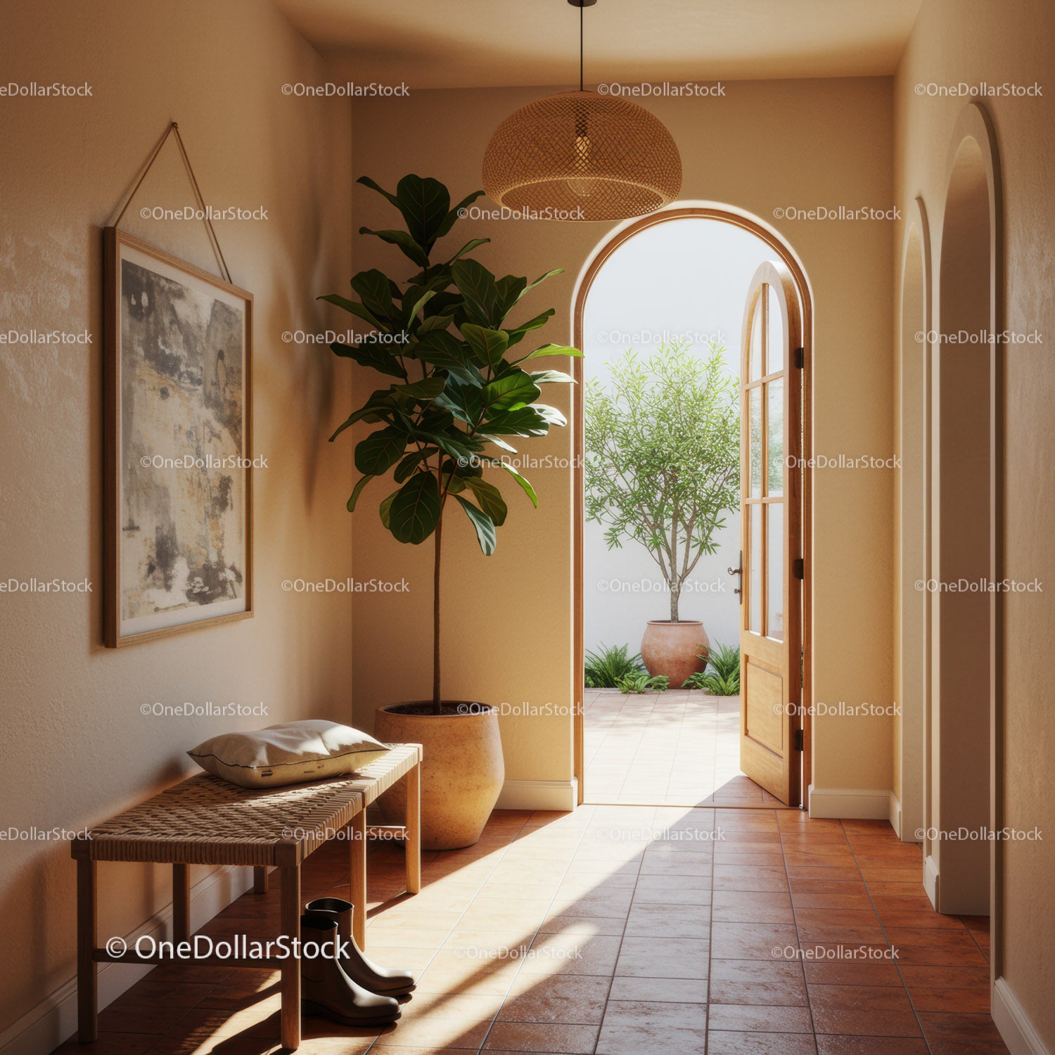 Sunny Minimalist Entrance Hall with Green Plants and Bench