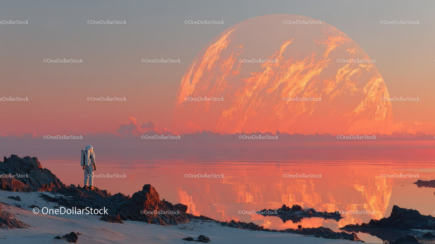 Astronaut Exploring a Surreal Alien Landscape with a Giant Orange Planet