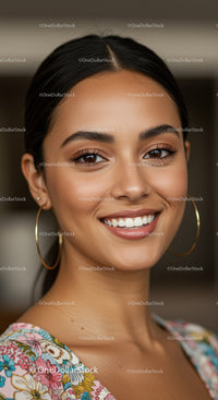 Close-up of a Smiling Young Woman with Natural Beauty and Stylish Jewelry